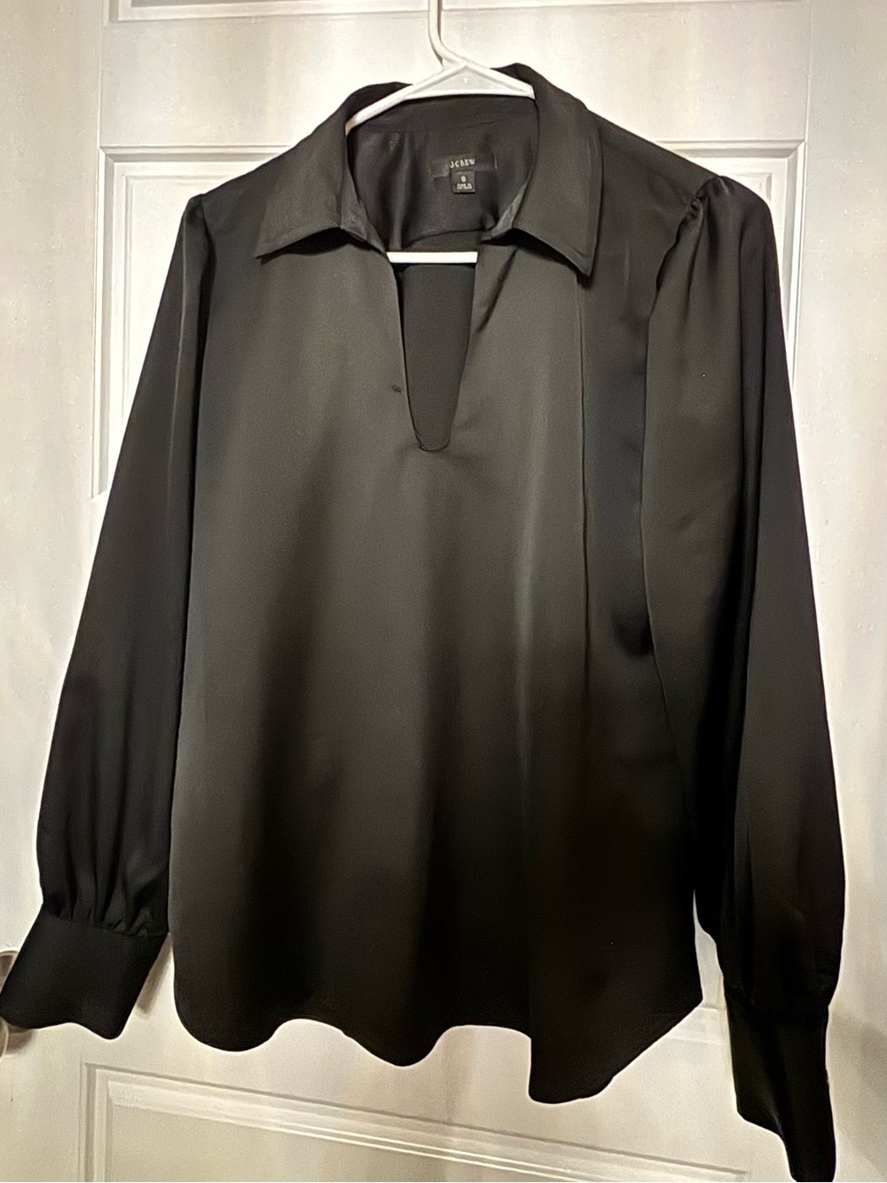 J. Crew Black Satin Split-Neck Long-Sleeve Shirt small